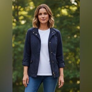 Charter Club dark blue light jacket, side pockets, gold tone buttons, M